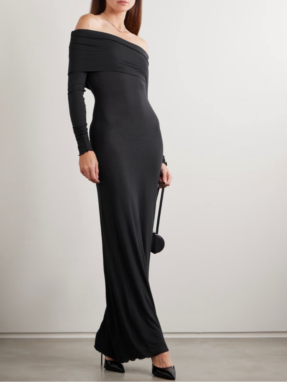 SKIMS Sheer Modal Cashmere Off Shoulder Maxi Dress Onyx Black Small NWOT